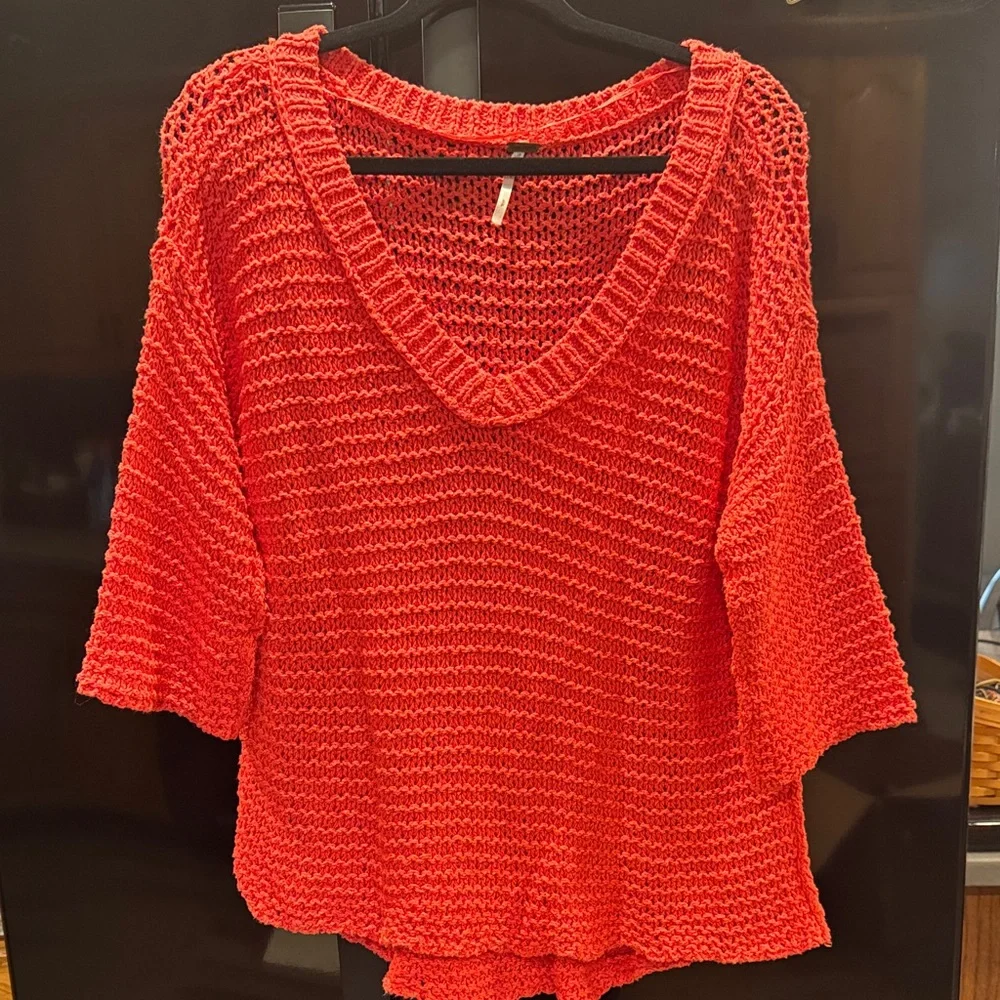 Free People Chunky V-Neck Sweater in Bright Red - Picture 1 of 4